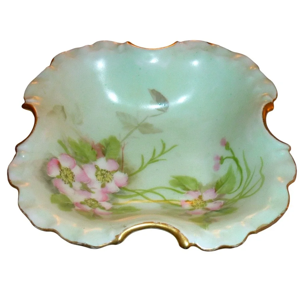 Antique Rosenthal RC Monbijou Bavaria Porcelain Pin Dish Bowl Pink Flowers Gilt
